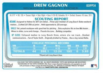 2011 Bowman Draft Picks & Prospects - Prospects Gold #BDPP34 Drew Gagnon Back