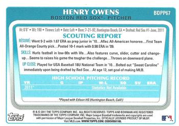 2011 Bowman Draft Picks & Prospects - Prospects Gold #BDPP67 Henry Owens Back