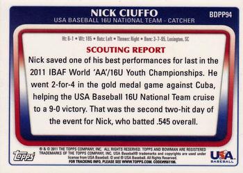 2011 Bowman Draft Picks & Prospects - Prospects Gold #BDPP94 Nick Ciuffo Back