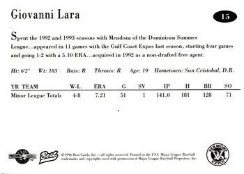 1996 Best Vermont Expos #15 Giovanni Lara Back