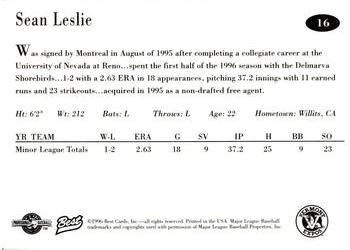 1996 Best Vermont Expos #16 Sean Leslie Back