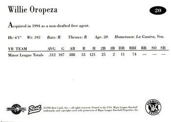 1996 Best Vermont Expos #20 Willie Oropeza Back