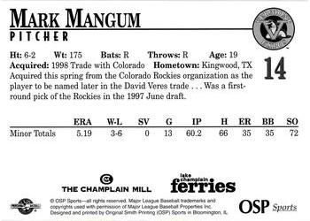1998 Vermont Expos #14 Mark Mangum Back