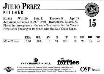 1998 Vermont Expos #15 Julio Perez Back