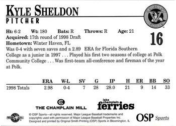 1998 Vermont Expos #16 Kyle Sheldon Back