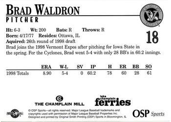 1998 Vermont Expos #18 Brad Waldron Back