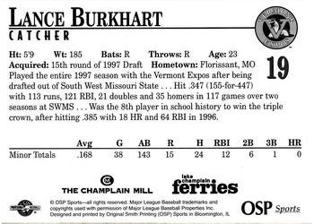 1998 Vermont Expos #19 Lance Burkhart Back
