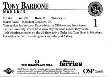 1998 Vermont Expos #1 Tony Barbone Back