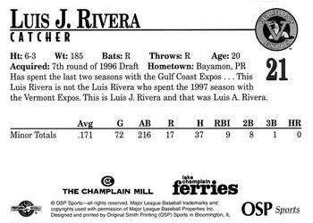 1998 Vermont Expos #21 Luis J. Rivera Back