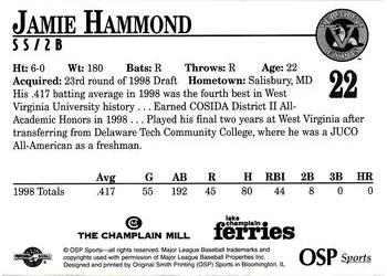 1998 Vermont Expos #22 Jamie Hammond Back