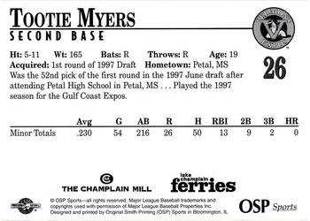 1998 Vermont Expos #26 Tootie Myers Back