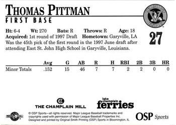 1998 Vermont Expos #27 Thomas Pittman Back
