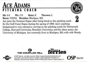 1998 Vermont Expos #2 Ace Adams Back