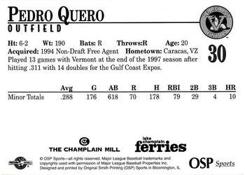 1998 Vermont Expos #30 Pedro Quero Back