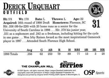 1998 Vermont Expos #31 Derick Urquhart Back