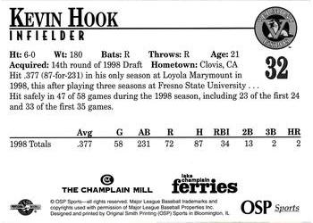 1998 Vermont Expos #32 Kevin Hook Back