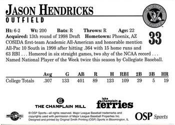 1998 Vermont Expos #33 Jason Hendricks Back