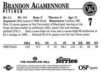 1998 Vermont Expos #7 Brandon Agamennone Back