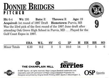 1998 Vermont Expos #9 Donnie Bridges Back