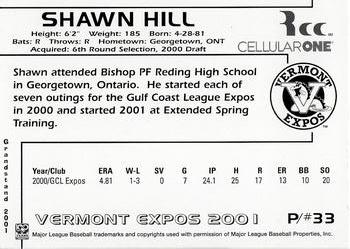 2001 Grandstand Vermont Expos #NNO Shawn Hill Back