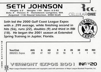 2001 Grandstand Vermont Expos #NNO Seth Johnson Back
