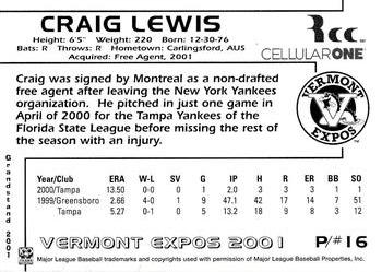 2001 Grandstand Vermont Expos #NNO Craig Lewis Back