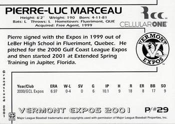 2001 Grandstand Vermont Expos #NNO Pierre-Luc Marceau Back