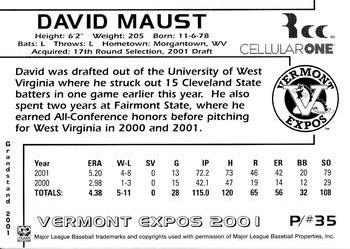 2001 Grandstand Vermont Expos #NNO David Maust Back