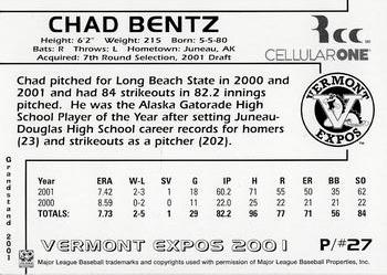 2001 Grandstand Vermont Expos #NNO Chad Bentz Back