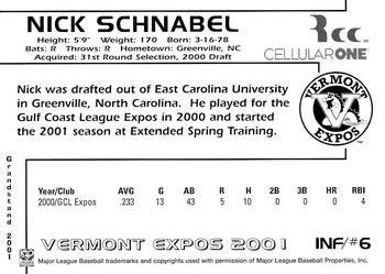 2001 Grandstand Vermont Expos #NNO Nick Schnabel Back