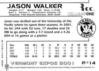 2001 Grandstand Vermont Expos #NNO Jason Walker Back