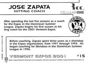 2001 Grandstand Vermont Expos #NNO Jose Zapata Back