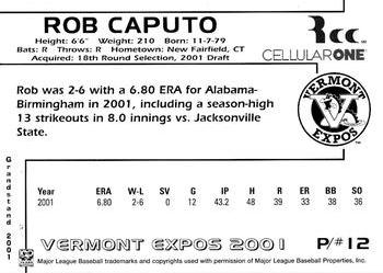 2001 Grandstand Vermont Expos #NNO Rob Caputo Back