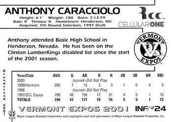 2001 Grandstand Vermont Expos #NNO Anthony Caracciolo Back