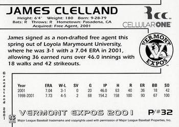 2001 Grandstand Vermont Expos #NNO James Clelland Back