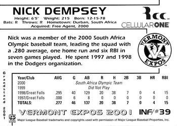 2001 Grandstand Vermont Expos #NNO Nick Dempsey Back
