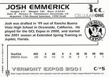 2001 Grandstand Vermont Expos #NNO Josh Emmerick Back