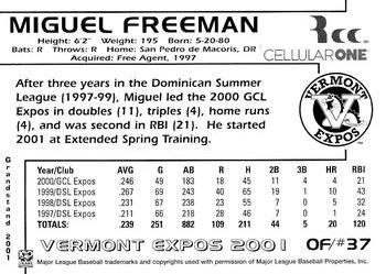 2001 Grandstand Vermont Expos #NNO Miguel Freeman Back