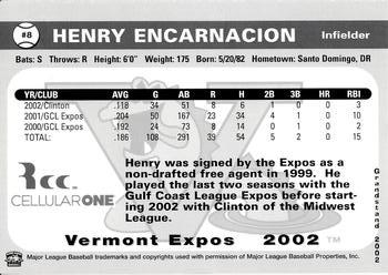 2002 Grandstand Vermont Expos #NNO Henry Encarnacion Back