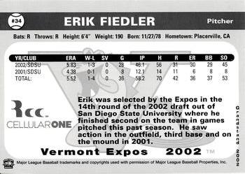 2002 Grandstand Vermont Expos #NNO Erik Fiedler Back
