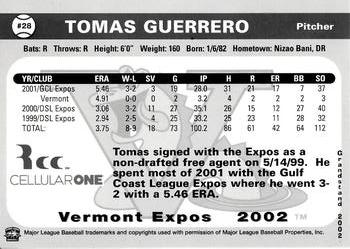 2002 Grandstand Vermont Expos #NNO Tomas Guerrero Back