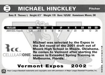 2002 Grandstand Vermont Expos #NNO Michael Hinckley Back
