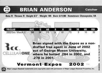 2002 Grandstand Vermont Expos #NNO Brian Anderson Back