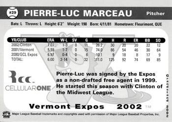 2002 Grandstand Vermont Expos #NNO Pierre-Luc Marceau Back