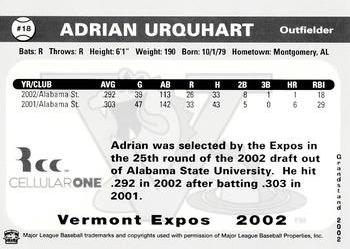 2002 Grandstand Vermont Expos #NNO Adrian Urquhart Back