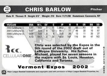 2002 Grandstand Vermont Expos #NNO Chris Barlow Back