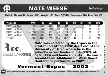 2002 Grandstand Vermont Expos #NNO Nate Weese Back