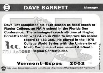 2002 Grandstand Vermont Expos #NNO Dave Barnett Back