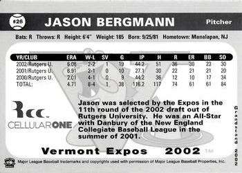 2002 Grandstand Vermont Expos #NNO Jason Bergmann Back