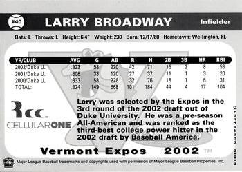 2002 Grandstand Vermont Expos #NNO Larry Broadway Back